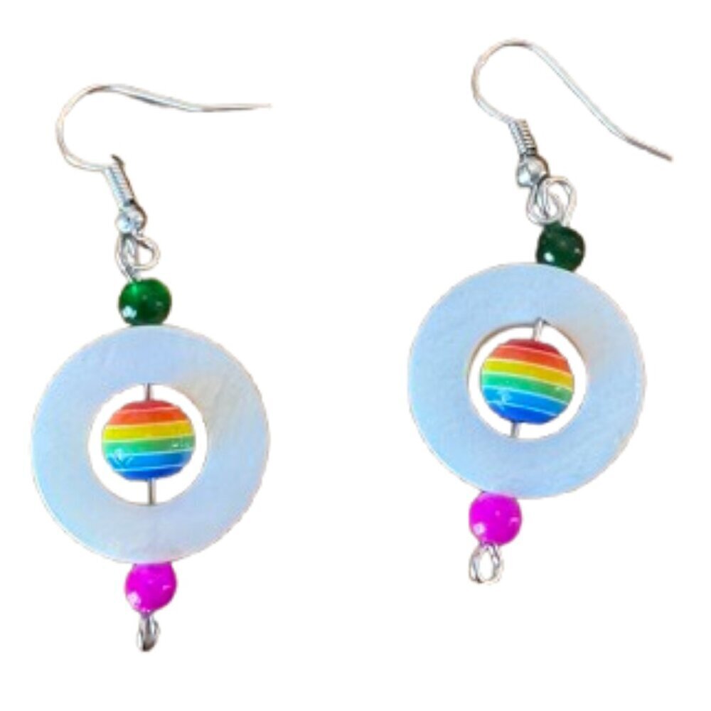 Rainbow Colors Gay Pride LGBTQ earrings with glass & shell beads NWT (WJW024) - Picture 2 of 2
